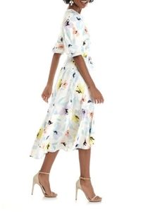 CALVIN KLEIN PUFF SLEEVE FLORAL MIDI DRESS